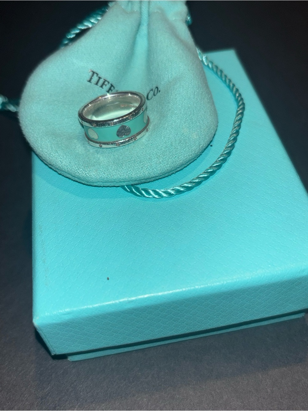 Tiffany & Co. Silver Band Ring with Turquoise Enamel and Heart Motifs